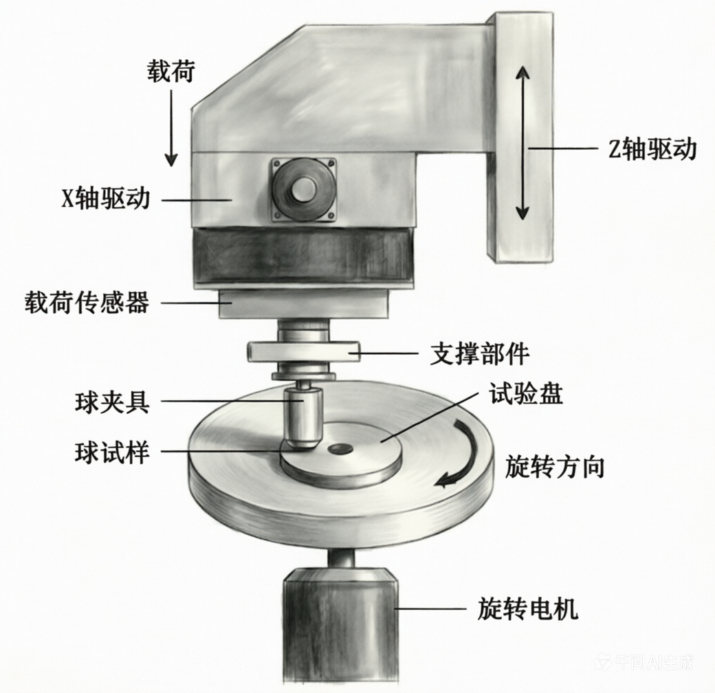 球试样压在旋转试验盘上形成球-平面点接触，含载荷、X轴驱动、Z轴驱动和旋转方向标注